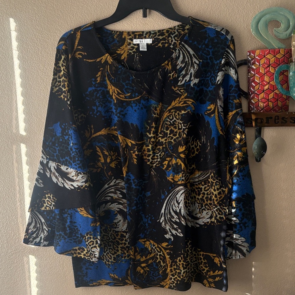 C EST. 1946 gold silver royal and Black animal print Blouse